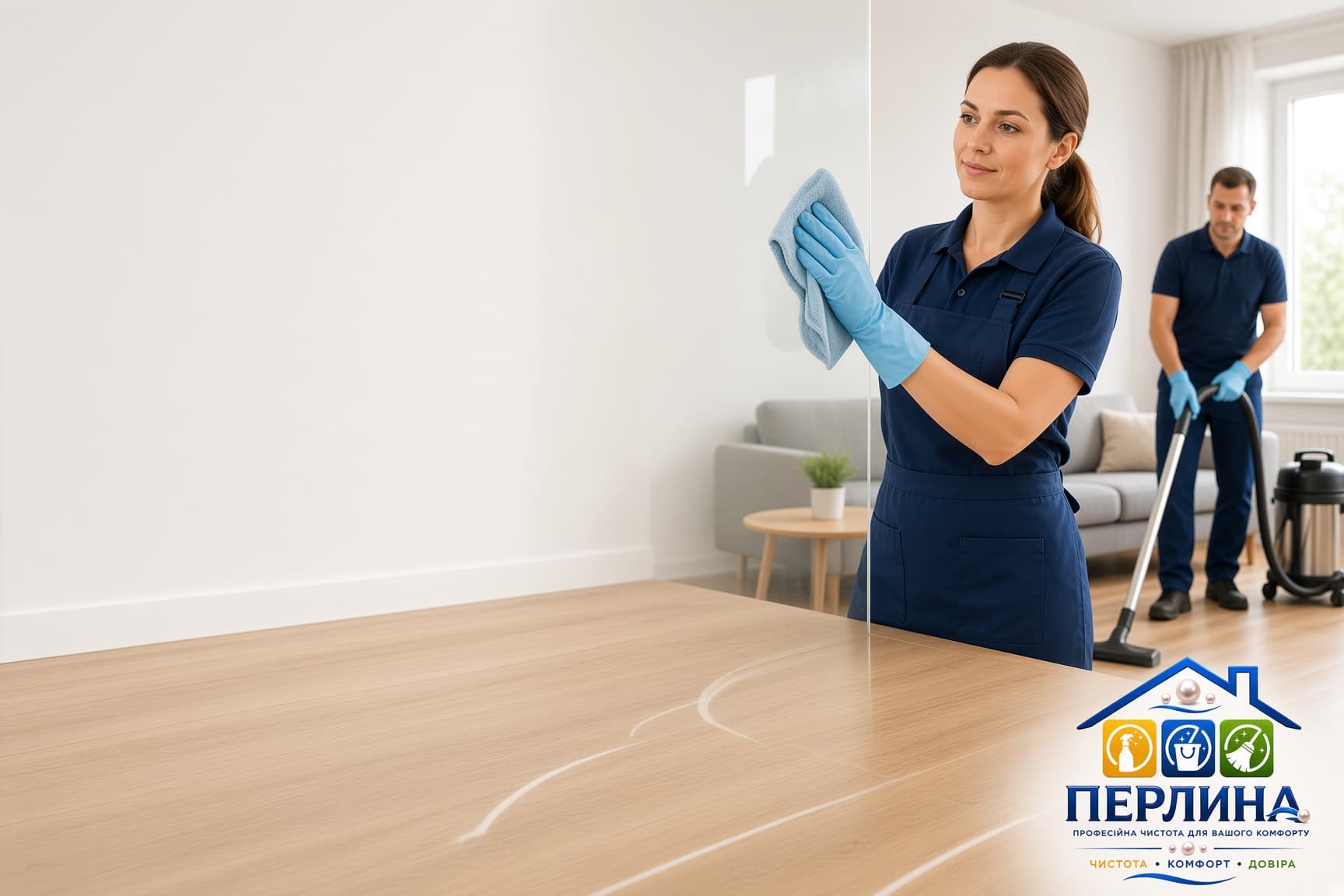 Perlina Cleaning team cleaning a modern apartment in Odesa